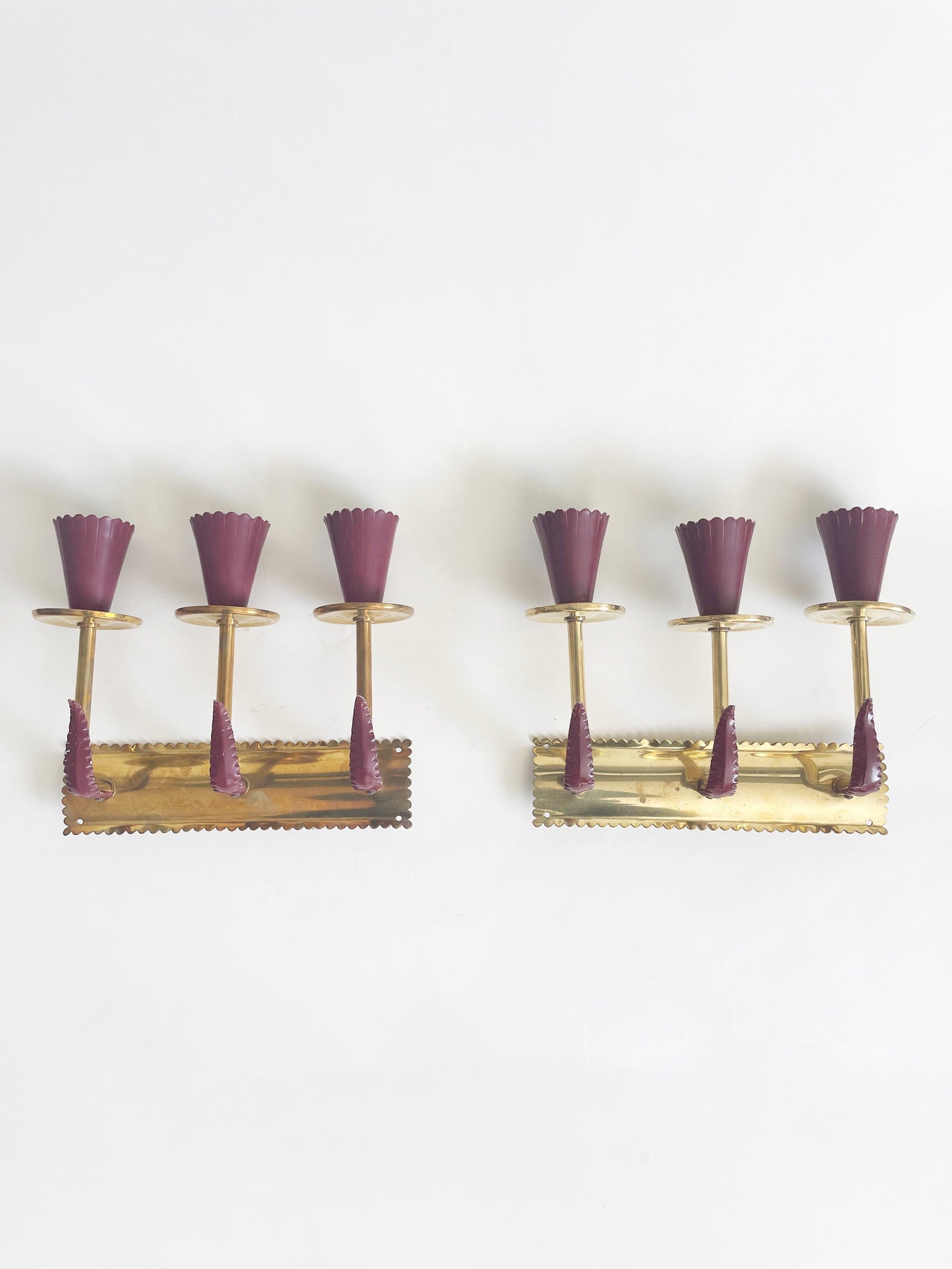 Scalloped Burgundy and Brass Italian Sconces