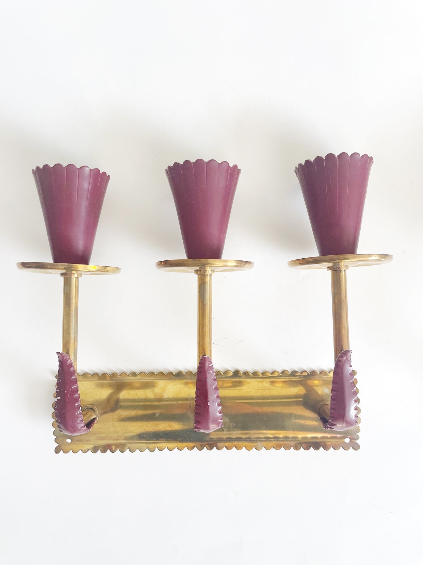 Scalloped Burgundy and Brass Italian Sconces