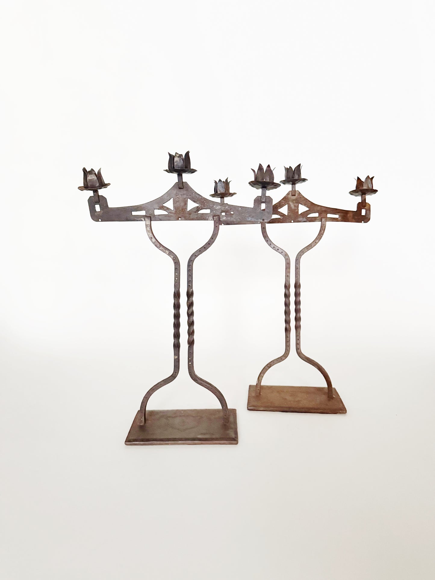 Arts and Crafts Handmade Candelabra Pair with Etched Bases