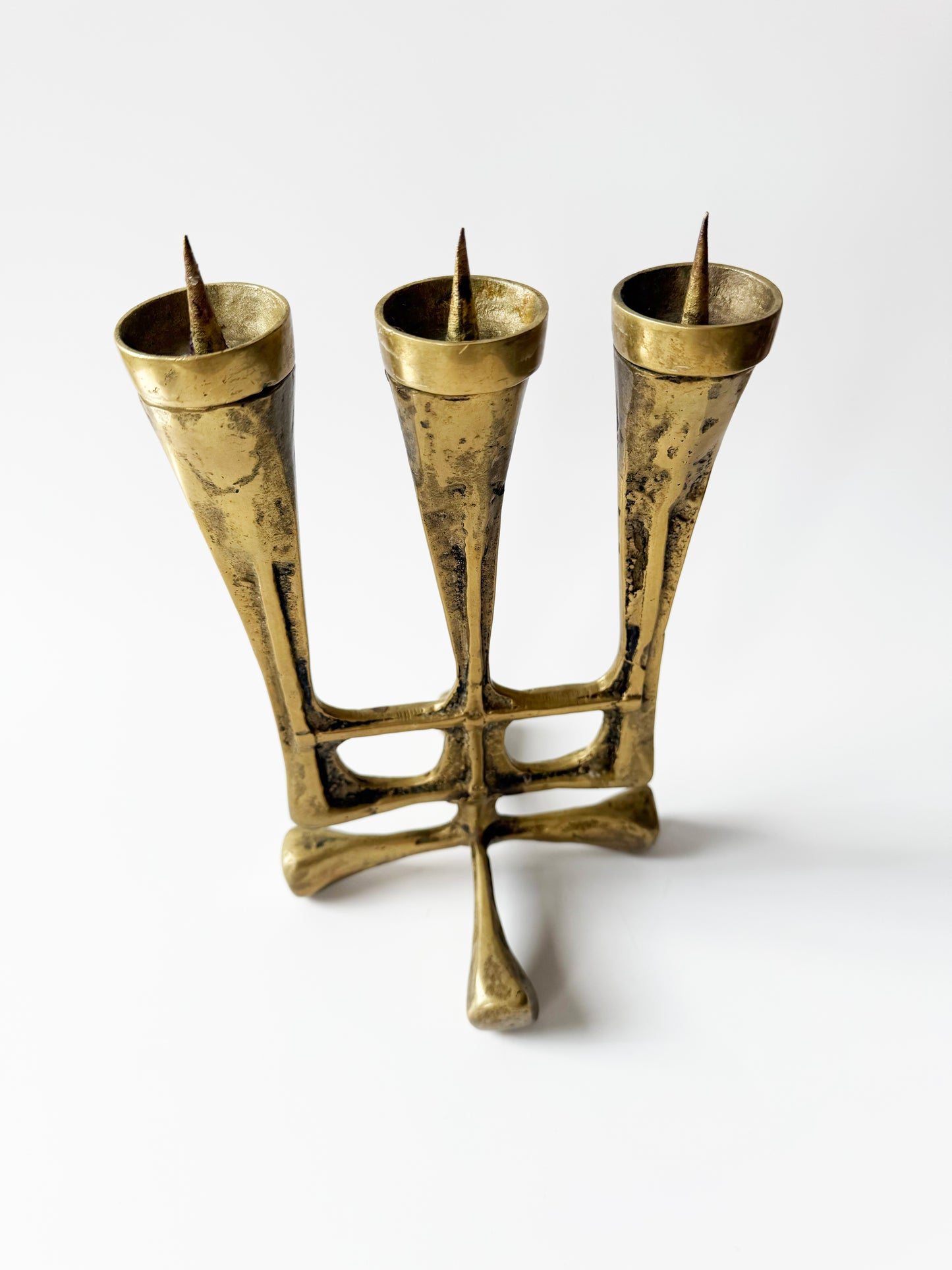 Heavy Brass Brutalist Candelabra