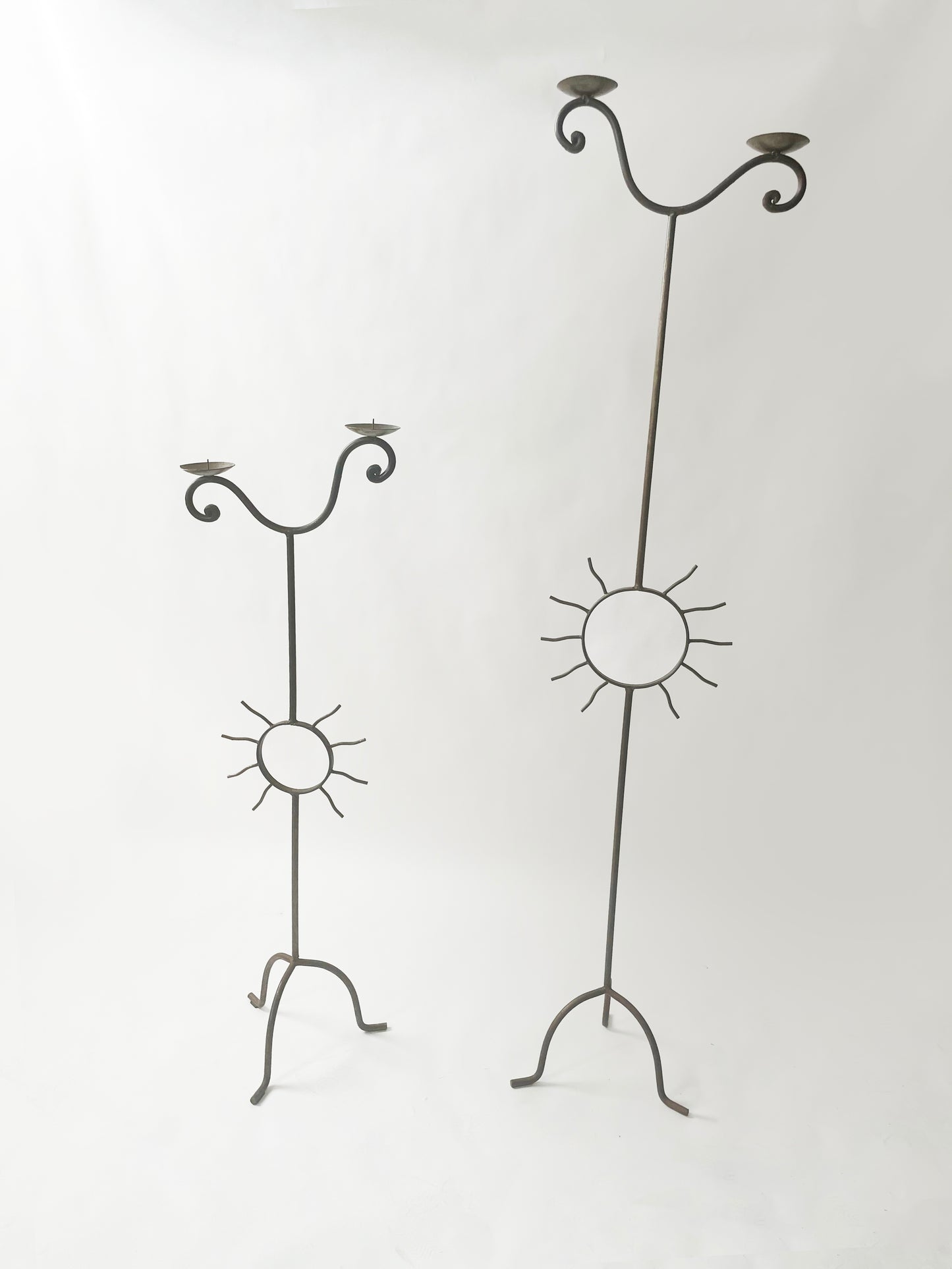Set of Curled Wrought Iron Sun Floor Candelabras