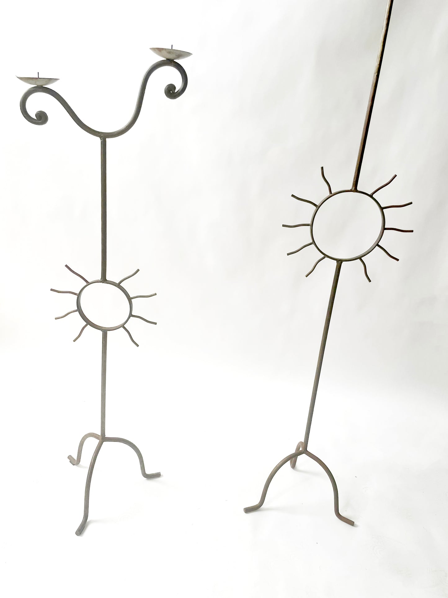 Set of Curled Wrought Iron Sun Floor Candelabras