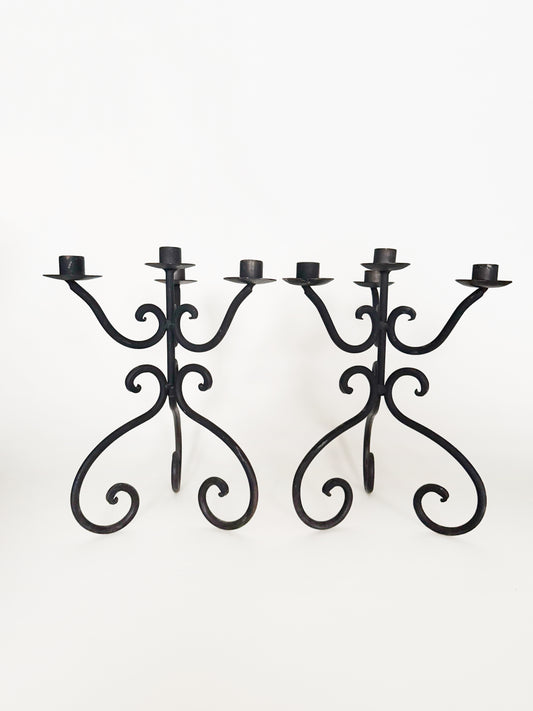 Pair of Heavy Iron Scroll Candelabras