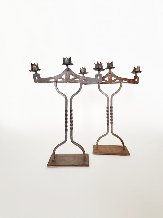 Arts and Crafts Handmade Candelabra Pair with Etched Bases