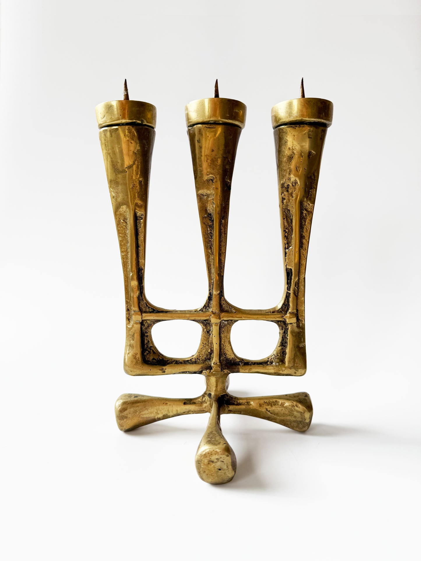 Heavy Brass Brutalist Candelabra