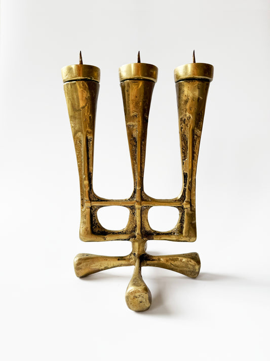 Heavy Brass Brutalist Candelabra